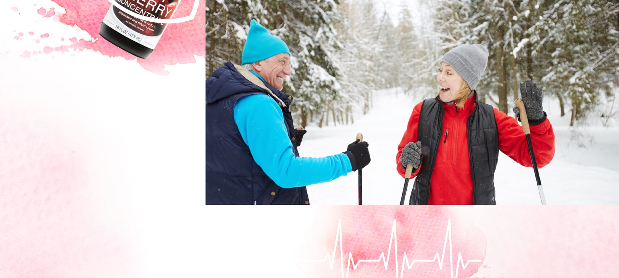 Elderly man and women ski together and enjoy active outdoor activities